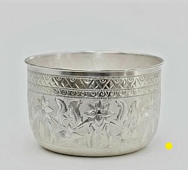 Fine elegant silver bowl with intricate geometric carvings £5000 order number 488. This elegant silver bowl with intricate geometric carvings is placed in the hands of the son Jesus Christ to be placed directly into the hands of his Father to do his strictly righteous works strictly and only. Jesus Christ also acts as a constant barricade.to the Father to prevent criminals from coming close to his Father jai. Signed: FrancesJHenry
