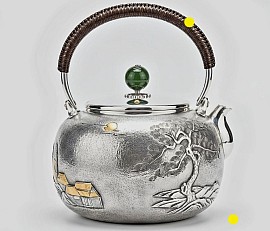 Fine silver teapot traditional landscape relief £5450 order number 458. This teapot is placed into the hands of the son Jesus Christ to be placed directly into his Father's hands which his Father God will strictly use for his strictly righteous works strictly and only. Jesus also barricades his Father from criminal trying to use him. Signed: FrancesJHenry