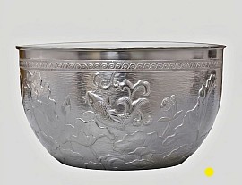 Fine silver antique bowl with intricate fish carvings £8000 order number 588. This bowl is placed in the hands of the son Jesus Christ to be placed directly into the hands of the Father Jehovah our God who will then strictly use it to do his righteous works strictly only. Jesus also barricades his Father from evil. Signed: FrancesJHenry