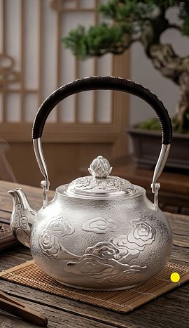 Fine silver handcrafted teapot with cloud relief 4008 order number 855. This teapot is placed in the hands of the son Jesus Christ to place in the hands of the Father Jehovah God so that God can strictly use it to bring his kingdom. Signed: FrancesJHenry